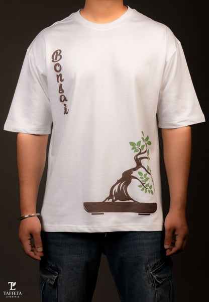 Nature Inspired White T-Shirt With Bonsai Artwork