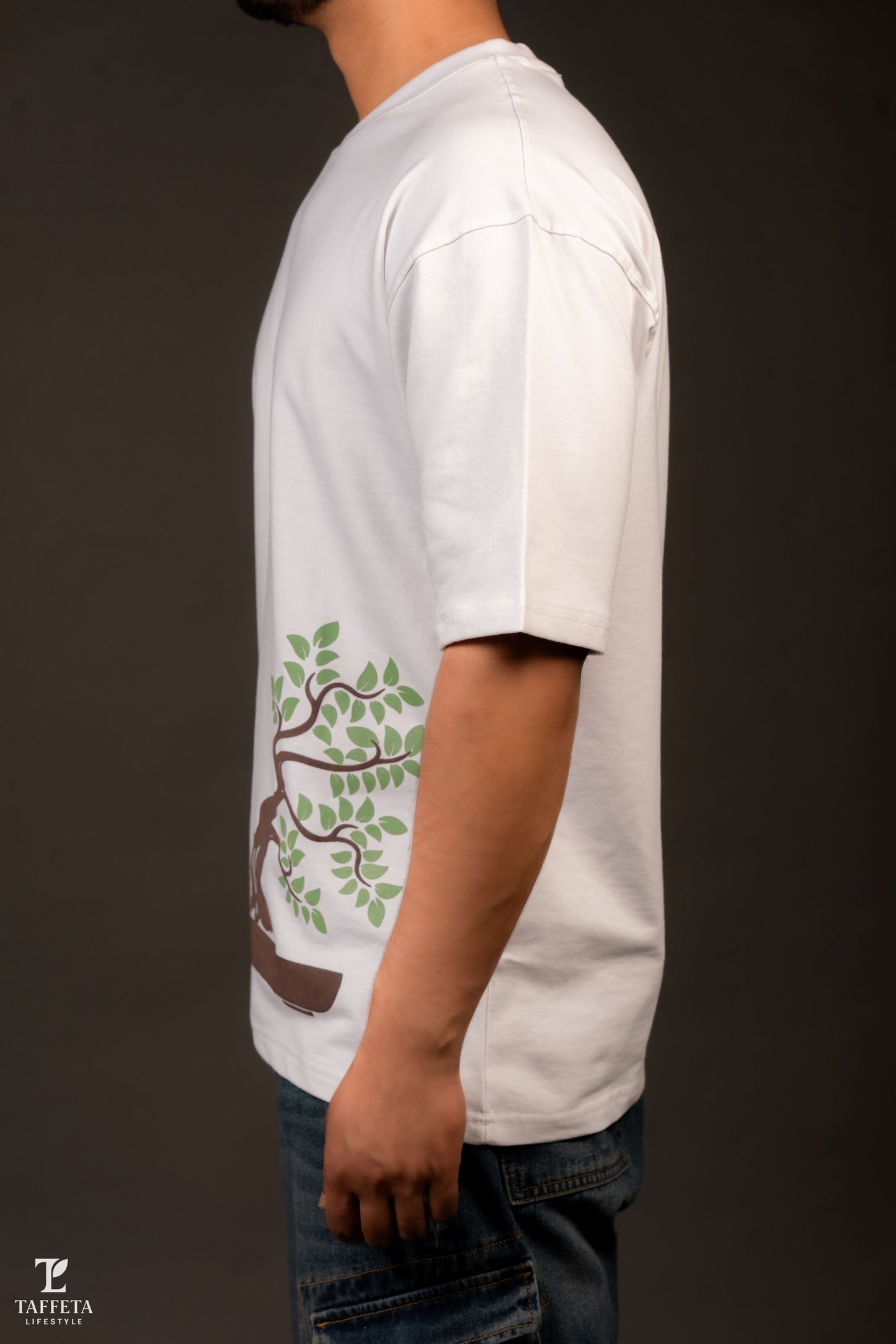 Nature Inspired White T-Shirt With Bonsai Artwork