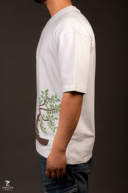 Nature Inspired White T-Shirt With Bonsai Artwork
